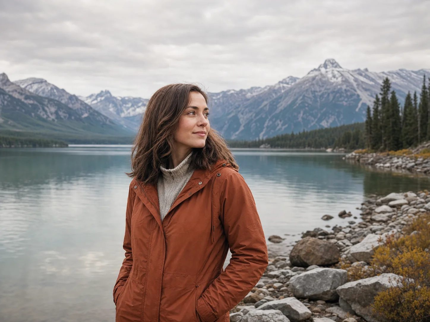 Woman by a mountain lake with a crop frame
